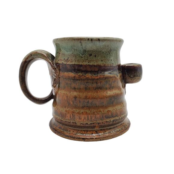 Small Pottery Espresso Cup Kline Tea Mug Spoon Holder Green Brown Studio Rustic - Picture 5 of 9